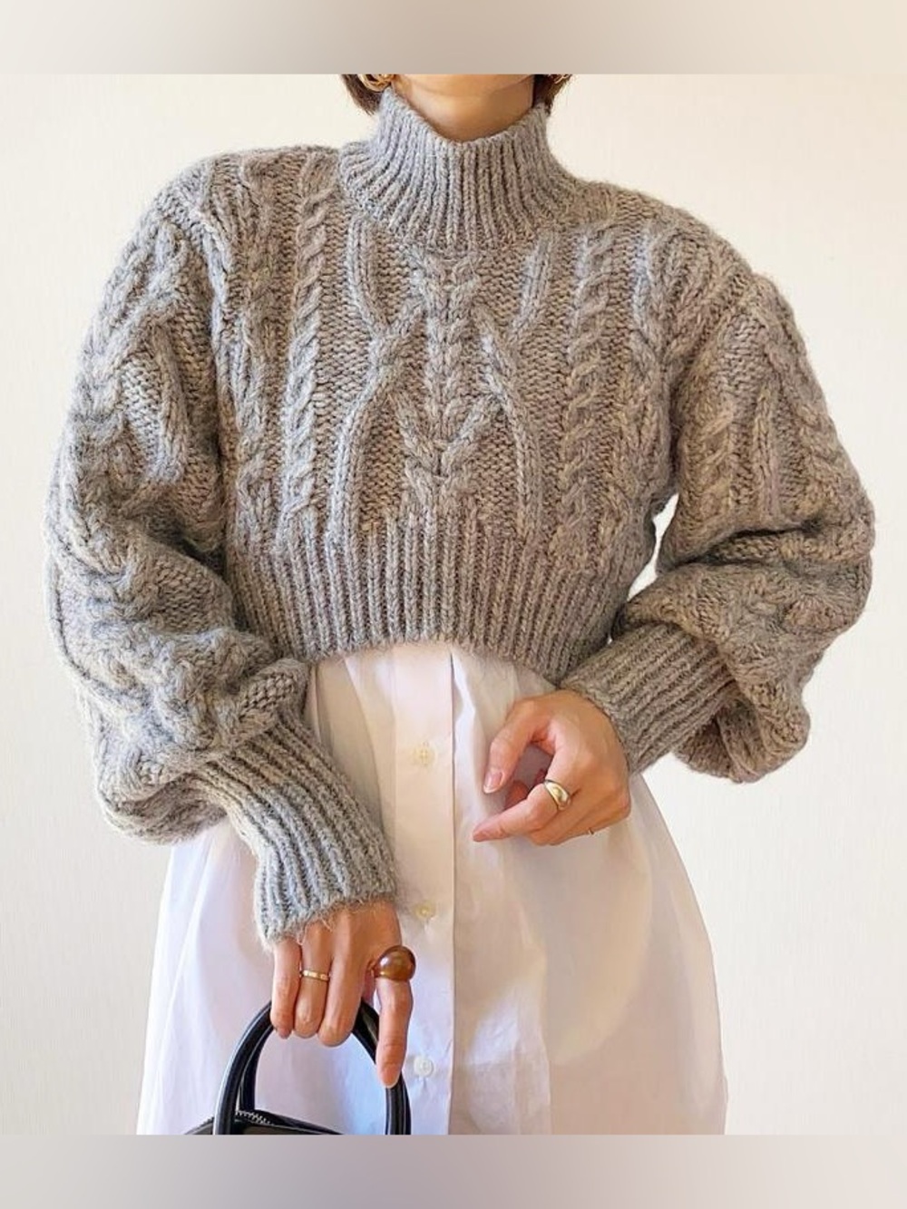 Zara Gray Chunky Cable Knit Cropped Sweater М Balloon Sleeve Wool Blend